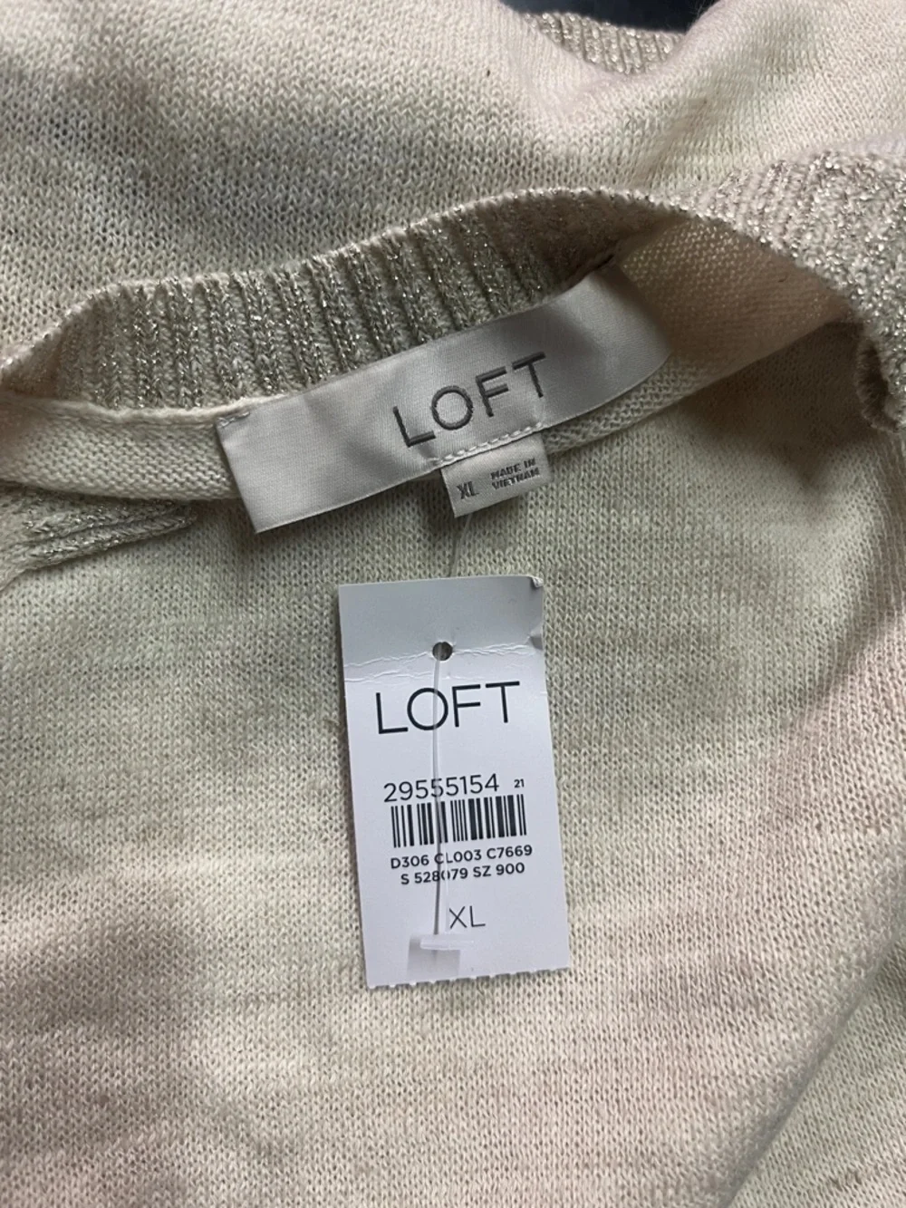 NWT LOFT Cream Gold Shimmer Trim 3/4 Sleeve Linen Blend Sweater